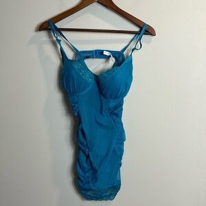 Jessica McClintock aqua blue ruched sides chemise lingerie women size 36C/ Large
